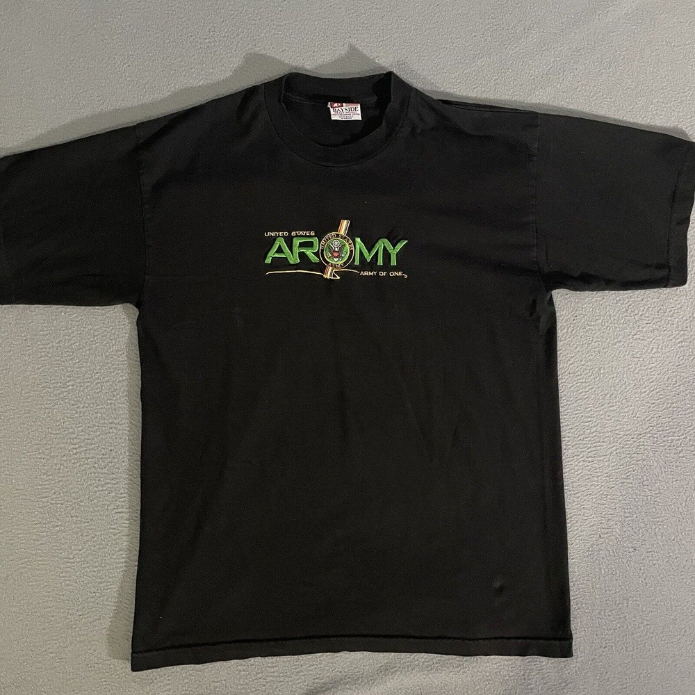 Vintage Stitched Embroidered T Shirt XL 90s USA Made Army Military Black Tee